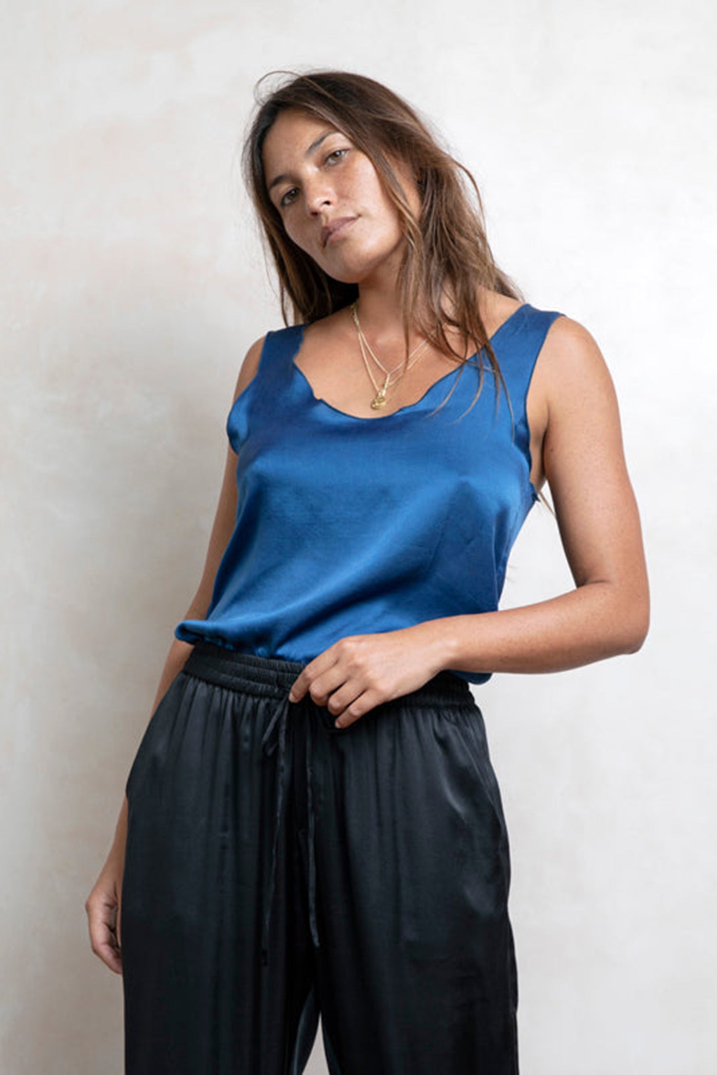 Indigo Silk Satin Tank Top - MRS Lovejoy - Shirts & Tops -3
