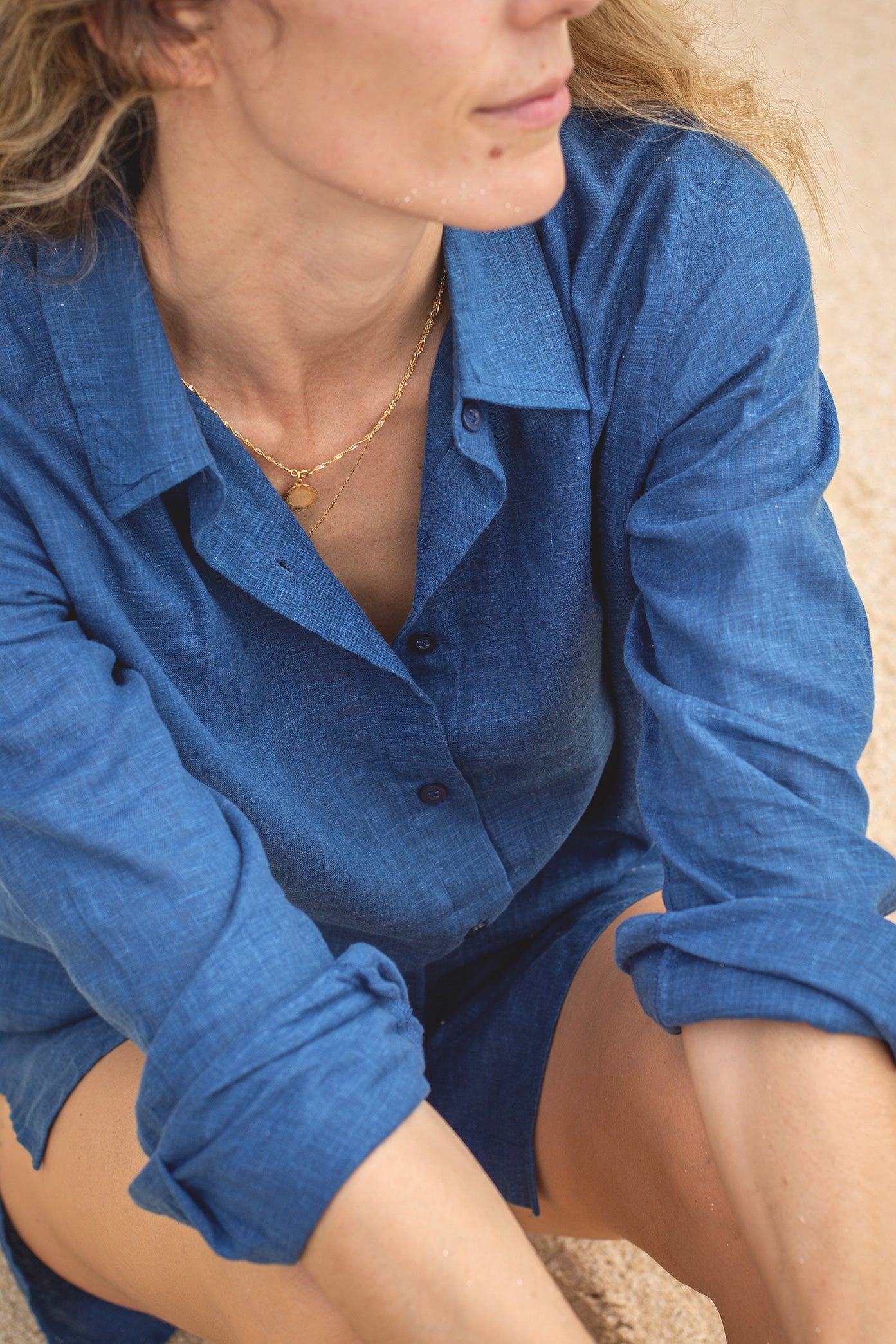 French Linen Shirt Dress Natural Dye - indigo / L French Linen Shirt Dress Natural Dye - indigo / L