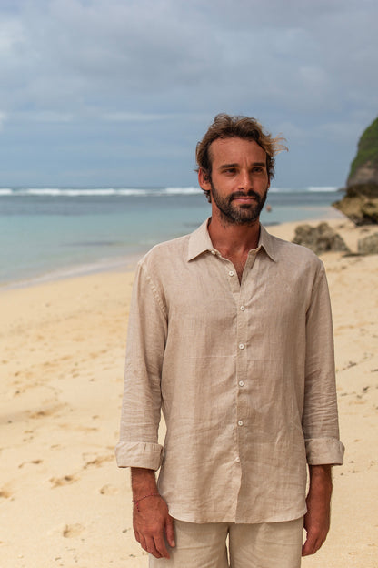French Linen Evening Shirt Men's Natural Dye - Handmade Bali