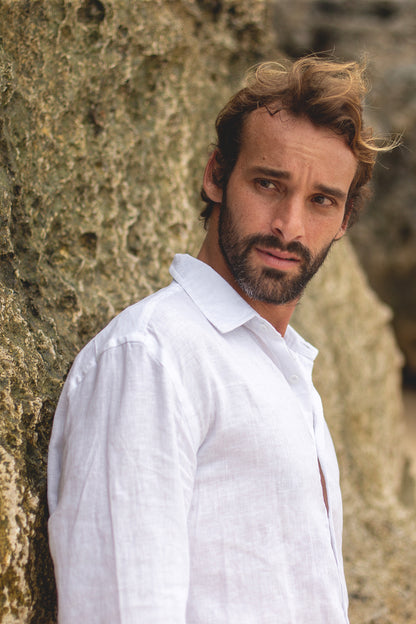 French Linen Evening Shirt Men's Natural Dye - Handmade Bali