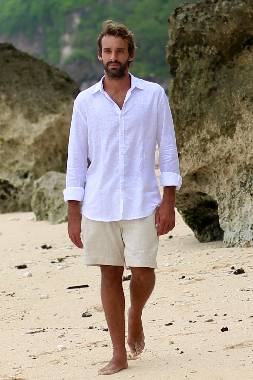 French Linen Evening Shirt Men's Natural Dye - Handmade Bali