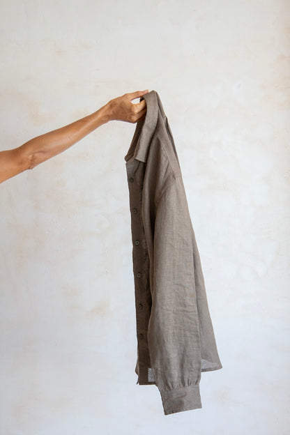 French linen evening shirt chocolate colour 4 dips natural dye men's sustainable clothing Canggu