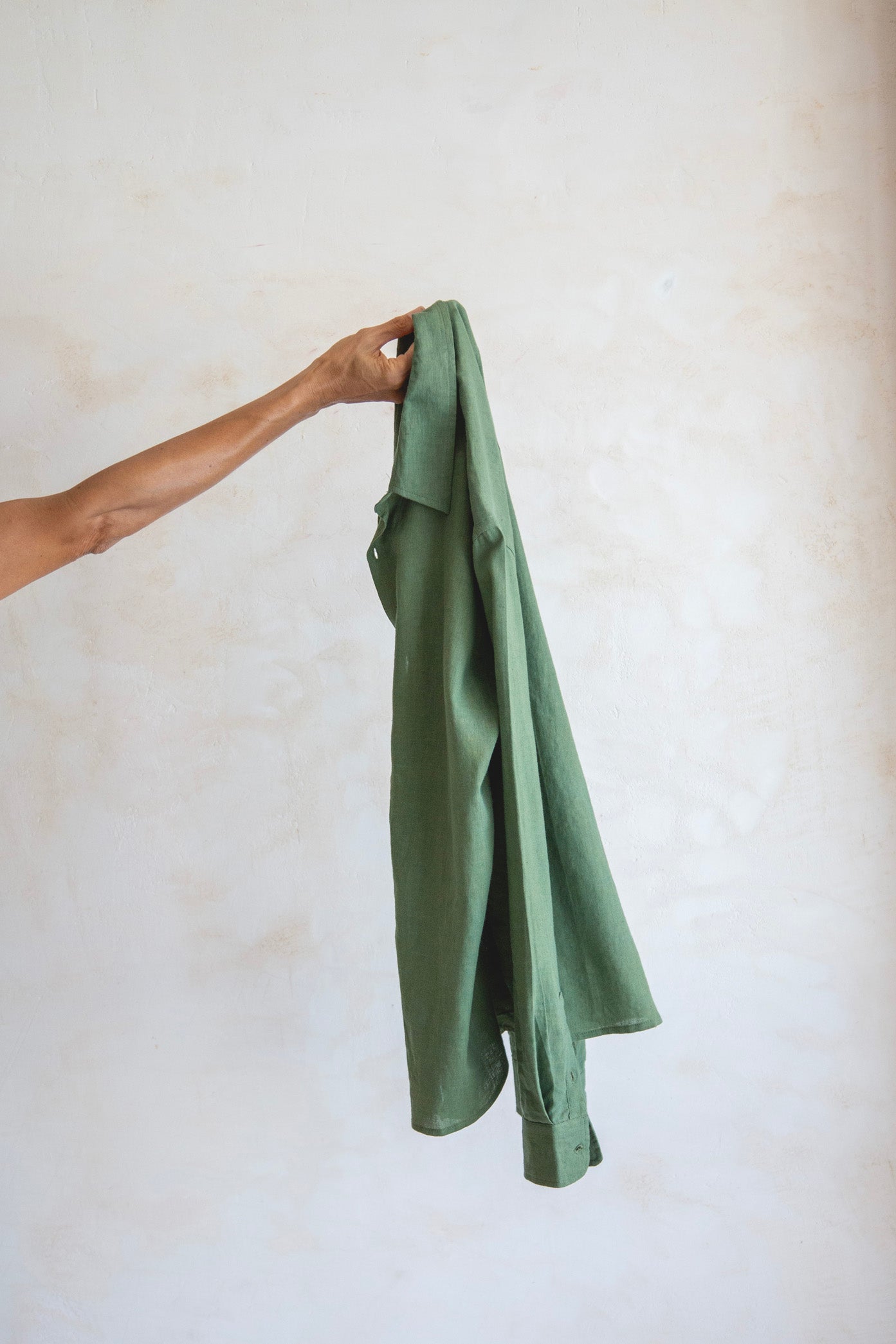 French linen evening shirt forest green natural dye men's sustainable clothing Canggu"