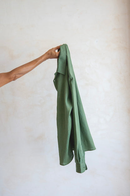 French linen evening shirt forest green natural dye men's sustainable clothing Canggu"