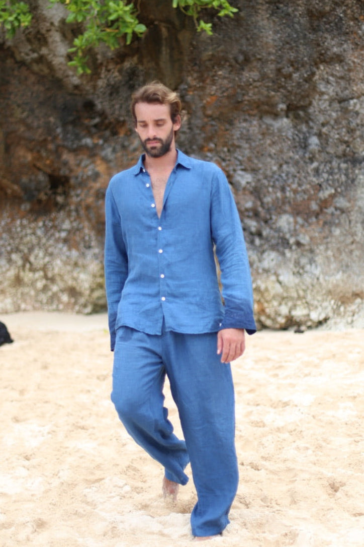 Matching french linen set Evening shirt baggy trouser combo in Indigo
