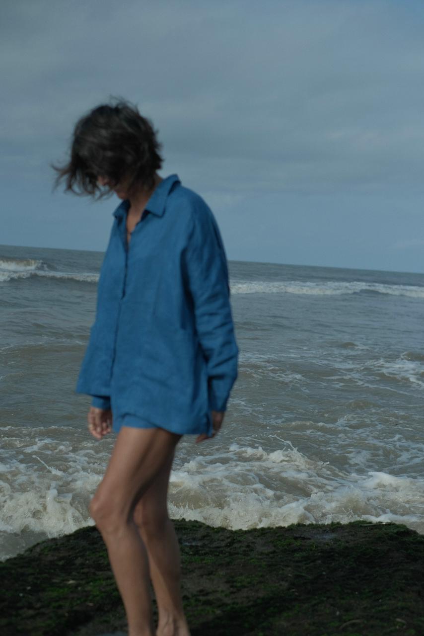 Indigo linen oversized shirt matching shorts