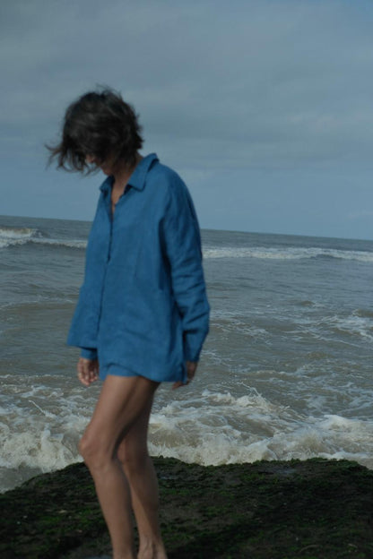 Indigo linen oversized shirt matching shorts
