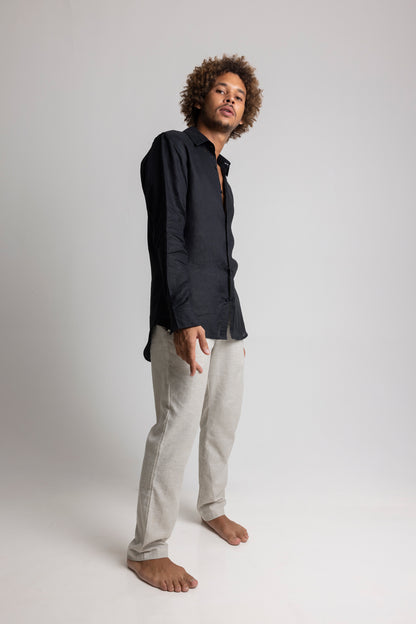 French Linen Evening Shirt Men's Natural Dye - Handmade Bali