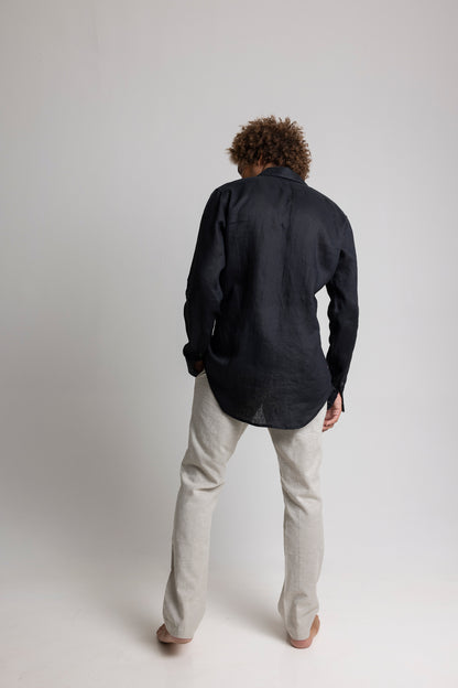 French Linen Evening Shirt Men's Natural Dye - Handmade Bali