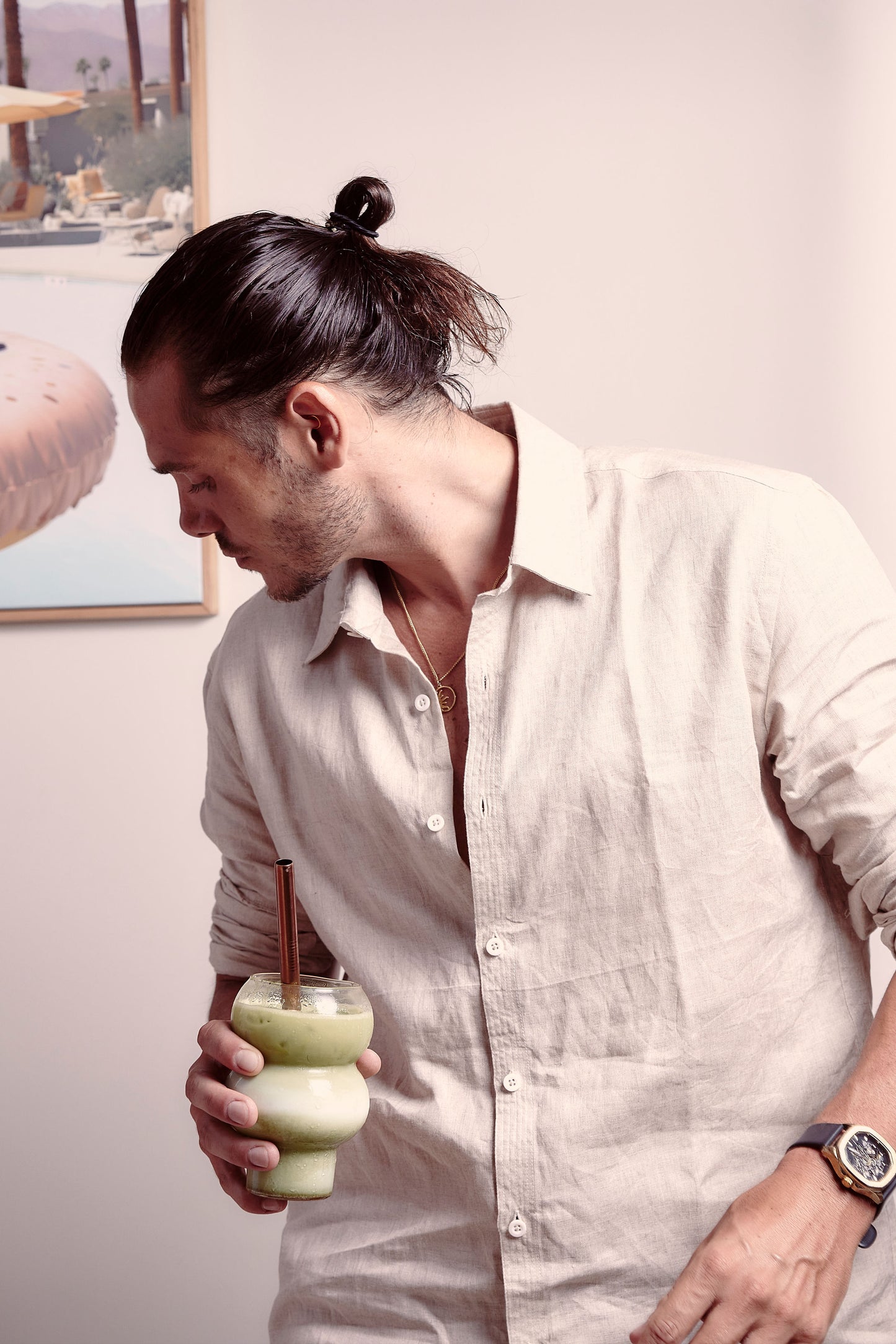 French Linen Evening Shirt Men's Natural Dye - Handmade Bali