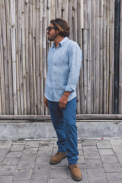 French Linen Evening Shirt Men's Natural Dye - Handmade Bali