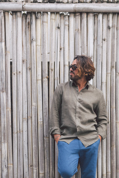 French Linen Evening Shirt Men's Natural Dye - Handmade Bali