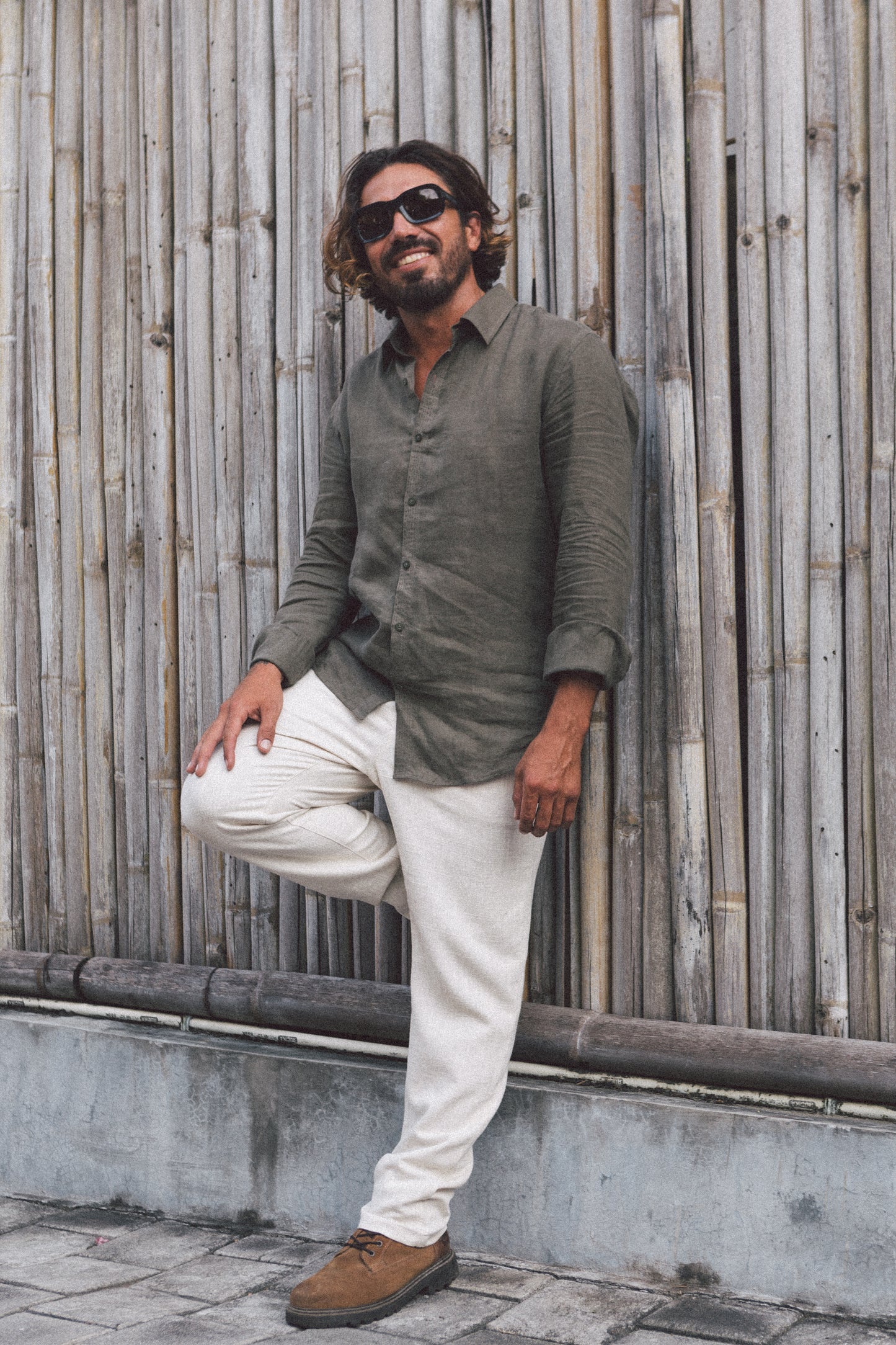 French Linen Evening Shirt Men's Natural Dye - Handmade Bali