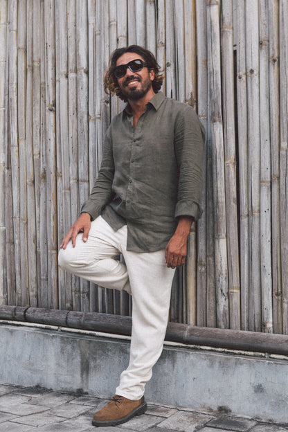 French Linen Evening Shirt Men's Natural Dye - Handmade Bali