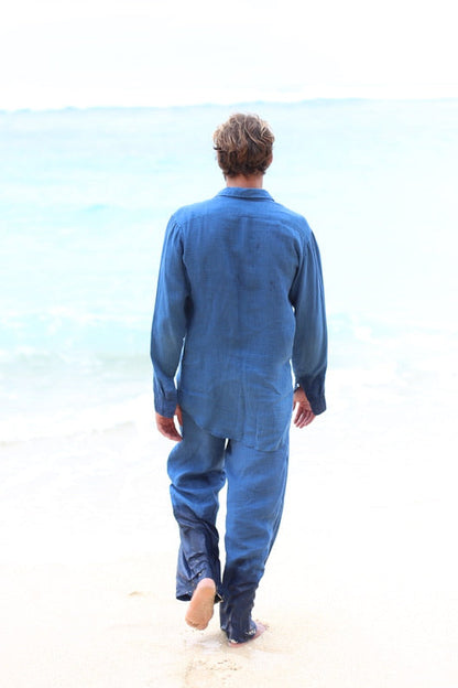 "Natural french linen indigo dyed baggy linen trousers matched with Evening linen shirt  for men handmade in Bali"